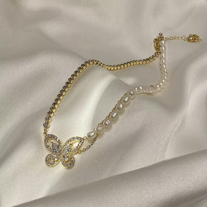 Paneled Pearl Butterfly Zircon Necklace
