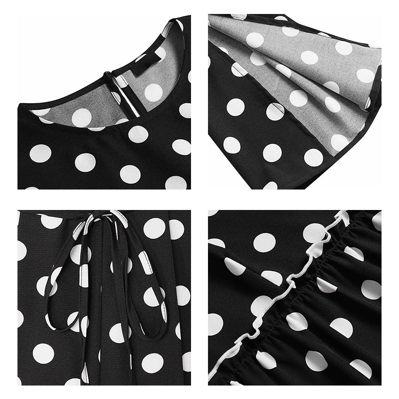 Polka Dot Print Splited Sleeve Pleated Maxi Dress