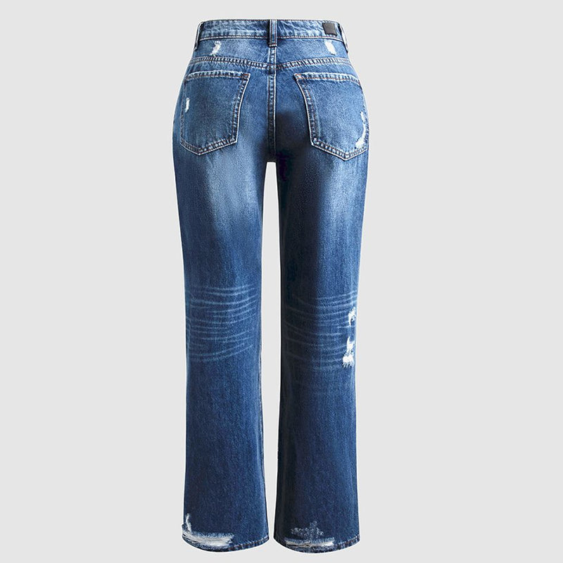 Ripped Mid Waist Straight Leg Jeans