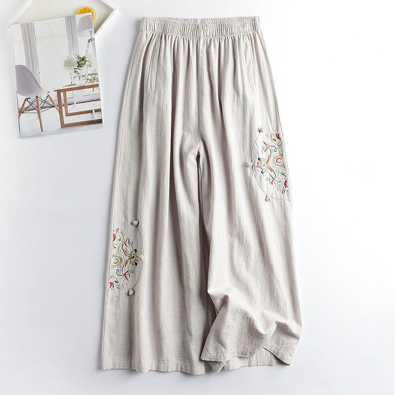 Cotton and Linen Embroidered Wide-leg Pants