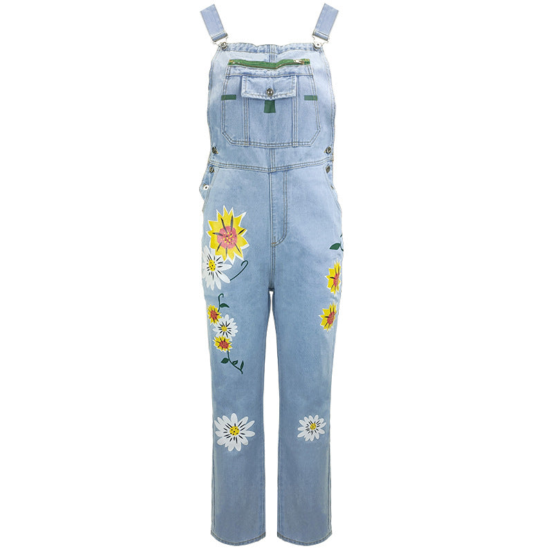 Sleeveless Denim Floral-Print Jumpsuit & Romper Jumpsuit Overalls