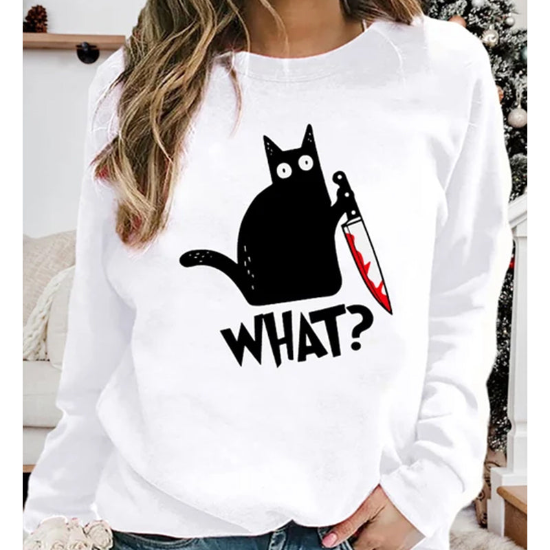 Halloween Fun Print Black Cat Sweatshirt