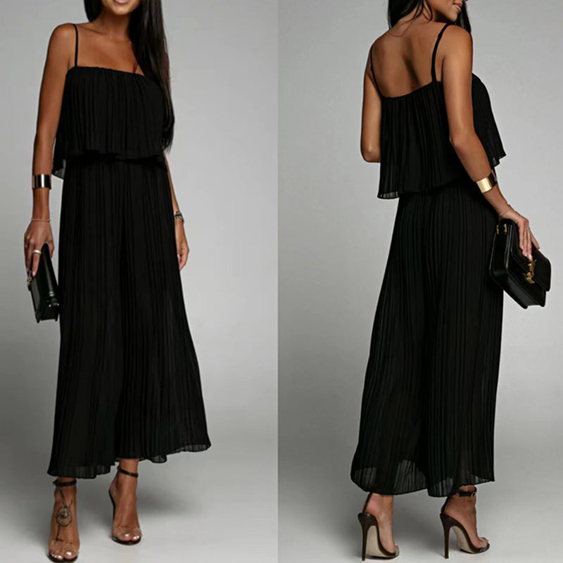 Spaghetti Strap Ruffle Hem Pleated Wide Leg Jumpsuit