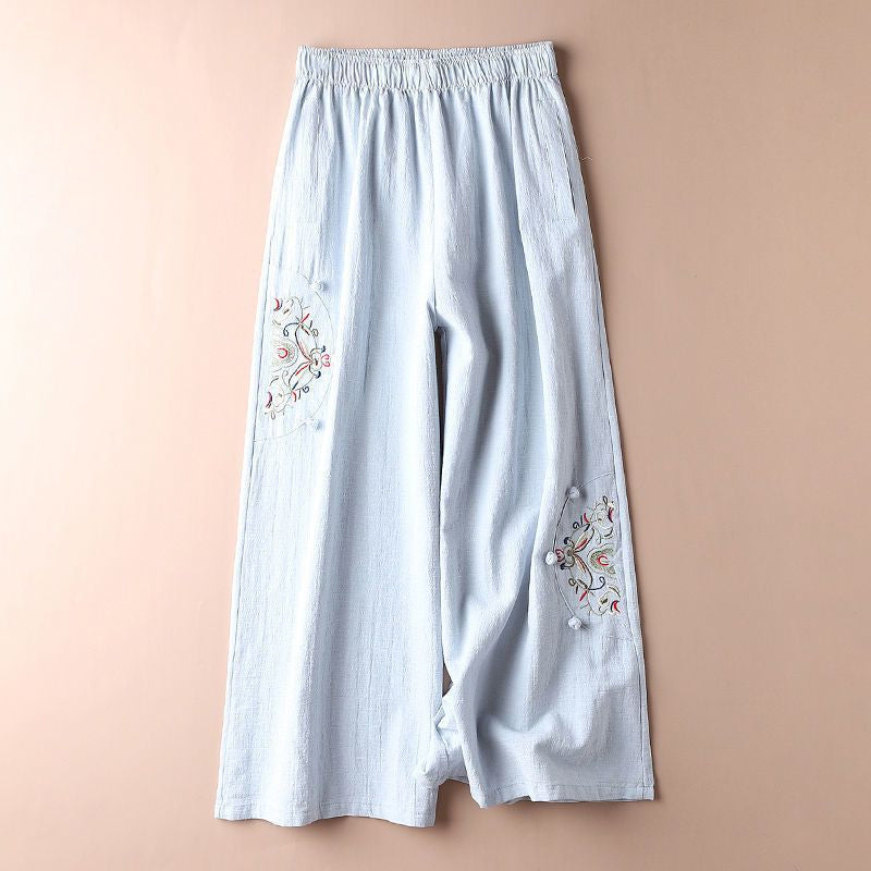 Cotton and Linen Embroidered Wide-leg Pants