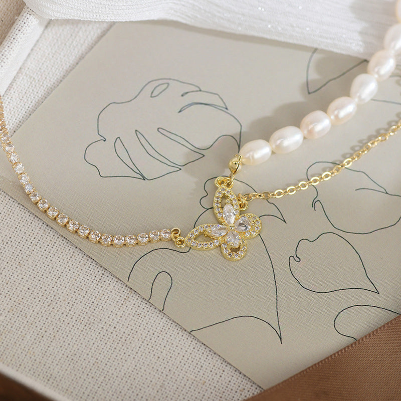 Paneled Pearl Butterfly Zircon Necklace