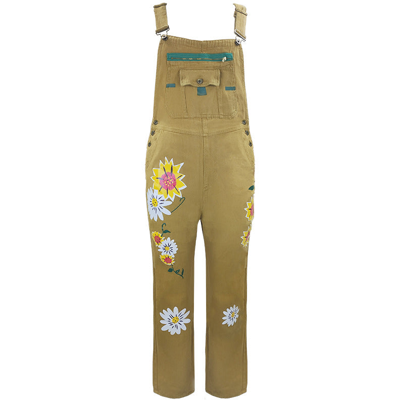 Sleeveless Denim Floral-Print Jumpsuit & Romper Jumpsuit Overalls