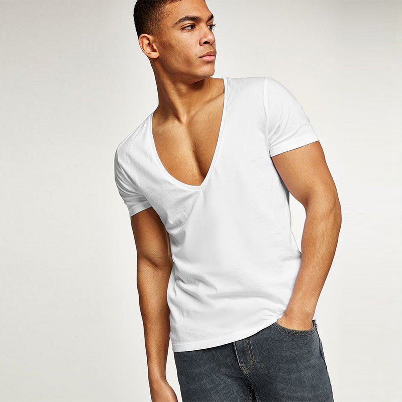 Deep V-Neck Cotton Short Sleeve T-Shirt