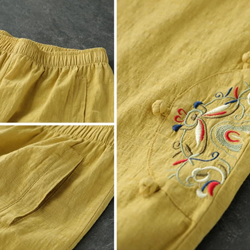 Cotton and Linen Embroidered Wide-leg Pants