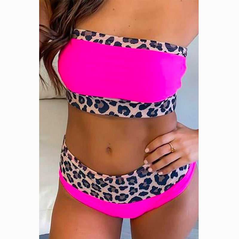 Leopard Print Stitching Bikini Set