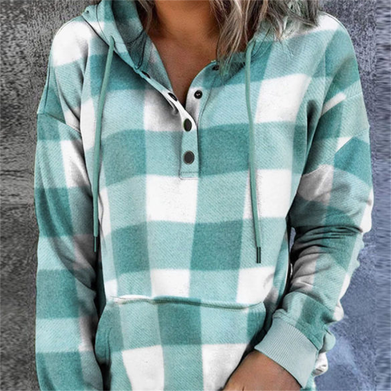 Retro Style Plaid Button Drawstring Sweatshirt
