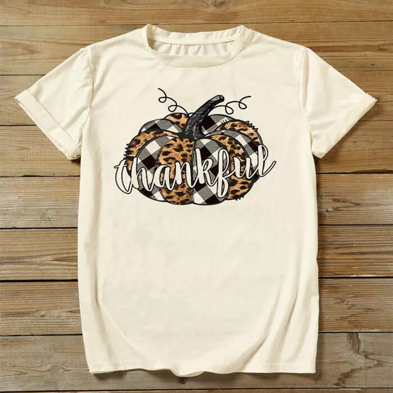 Plaid Leopard Printed Splicing Thankful Pumpkin T-Shirt