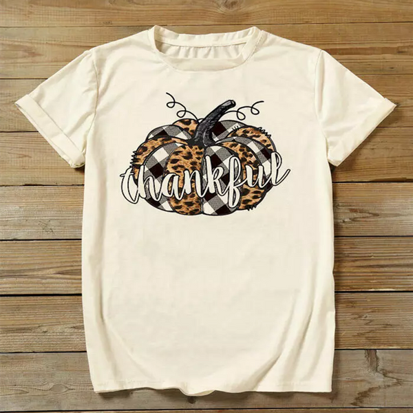 Plaid Leopard Printed Splicing Thankful Pumpkin T-Shirt