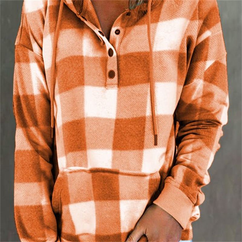 Retro Style Plaid Button Drawstring Sweatshirt
