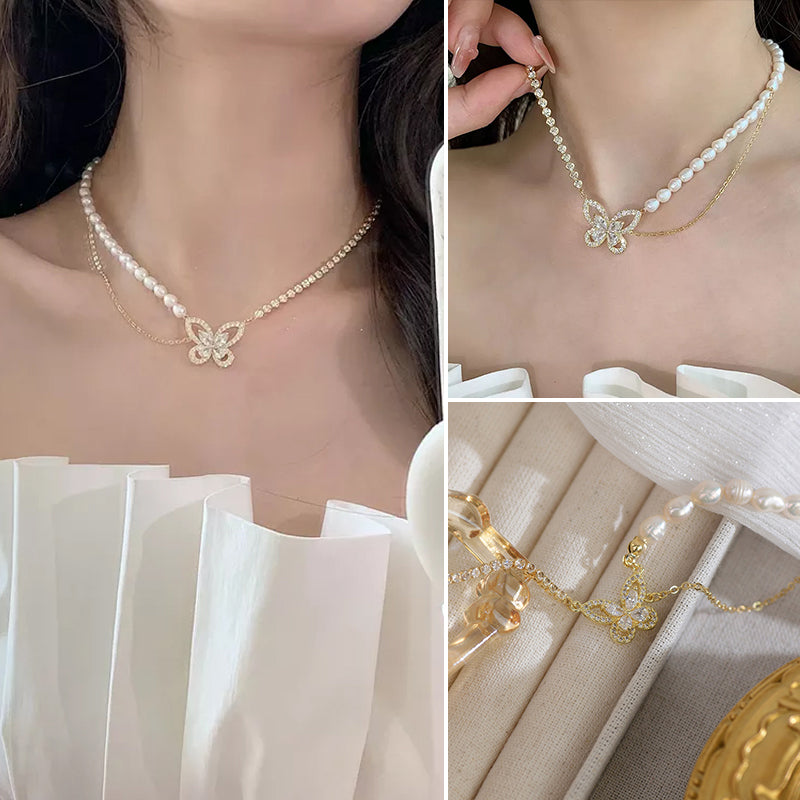 Paneled Pearl Butterfly Zircon Necklace