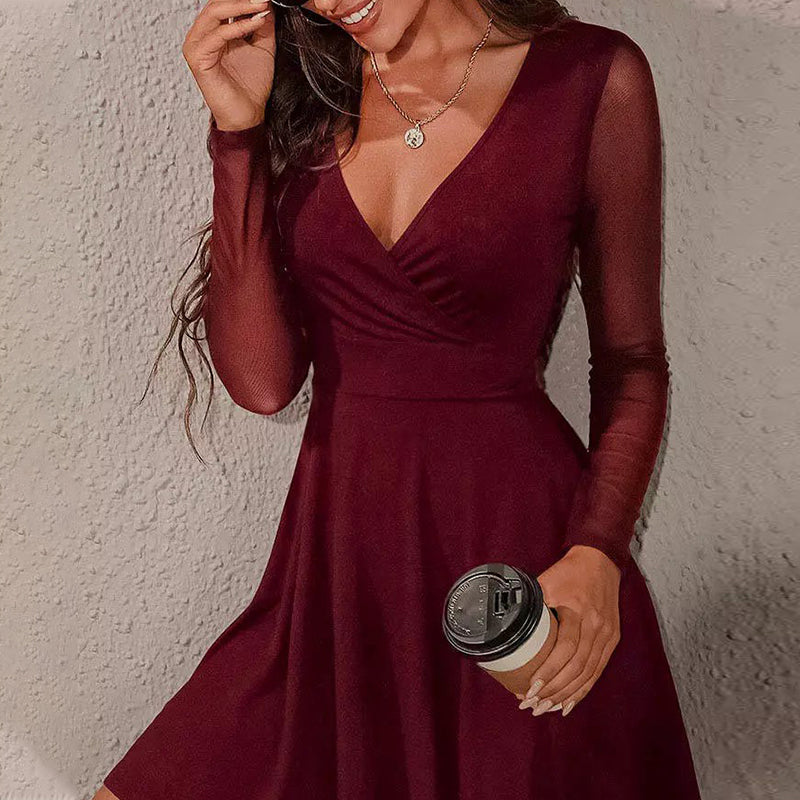 Mesh Splicing Wrap V-Neck Mini Dress