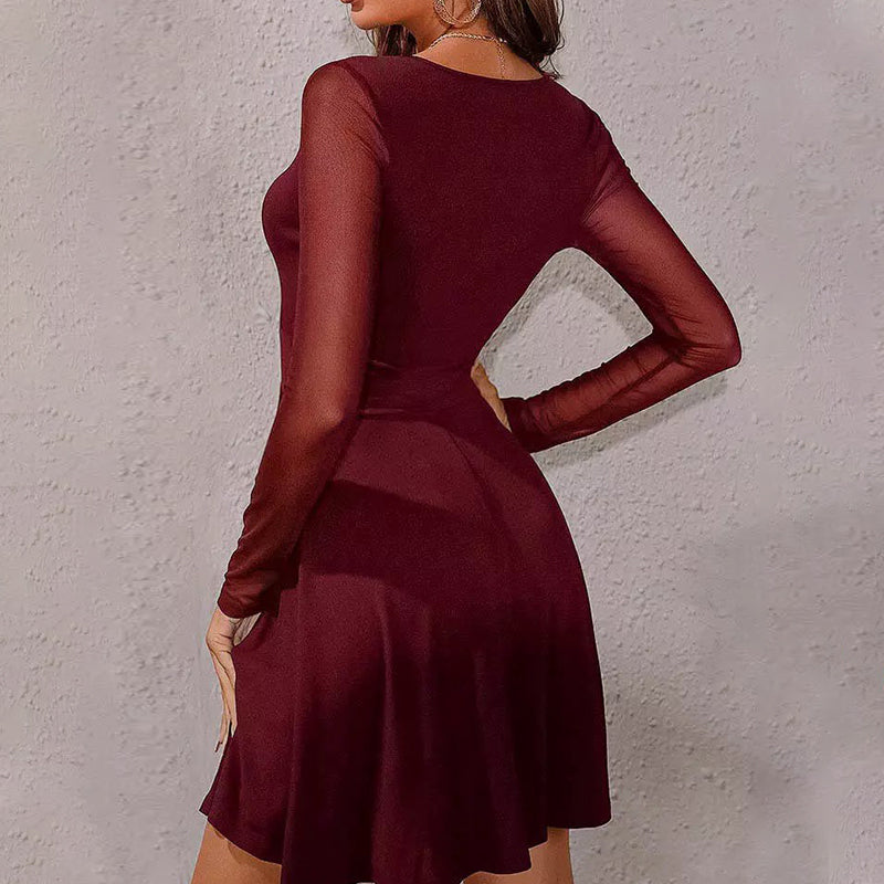 Mesh Splicing Wrap V-Neck Mini Dress