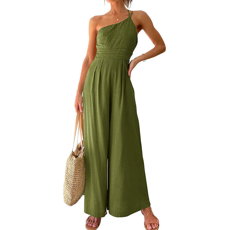 One Shoulder Double Strap Pleated High Waist Wide Leg Jumpsuit