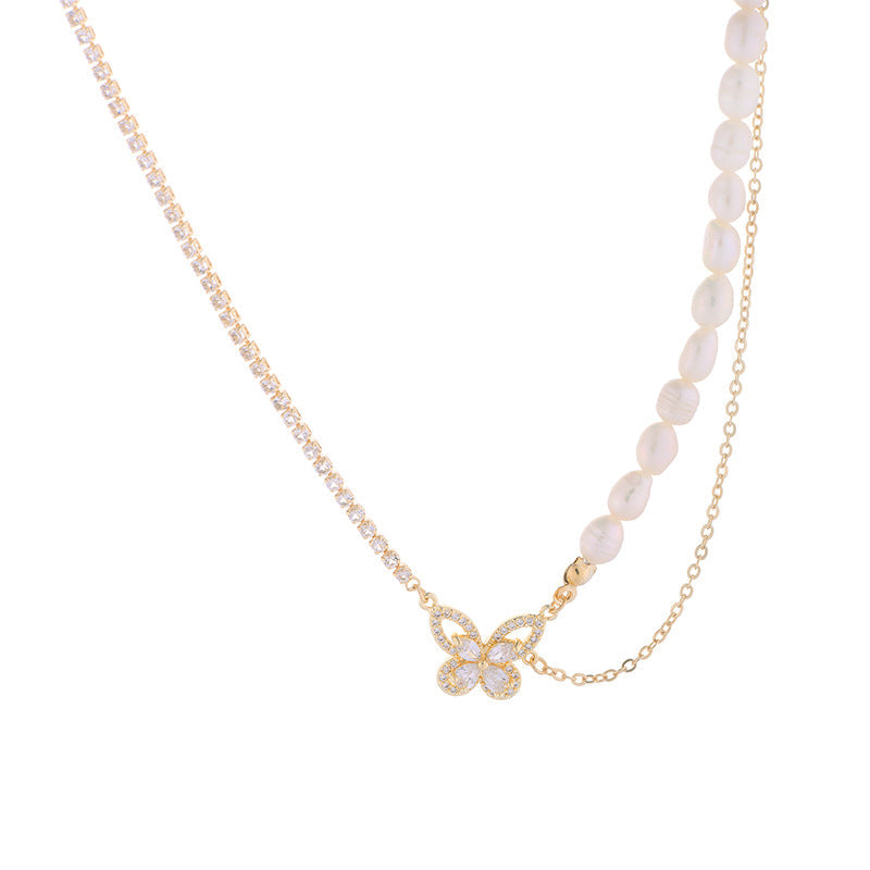 Paneled Pearl Butterfly Zircon Necklace