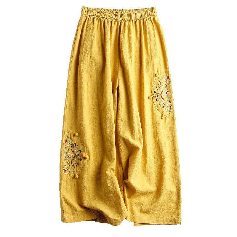 Cotton and Linen Embroidered Wide-leg Pants