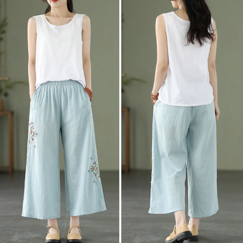 Cotton and Linen Embroidered Wide-leg Pants