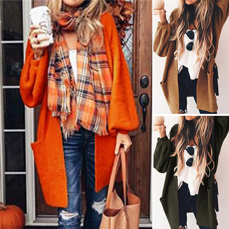 Lantern Sleeve Long Knitted Cardigan