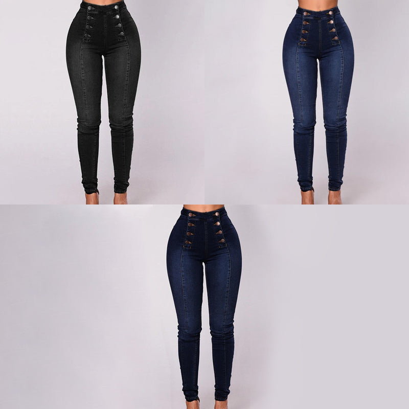 Double-breasted Skinny Jeans with High Waist