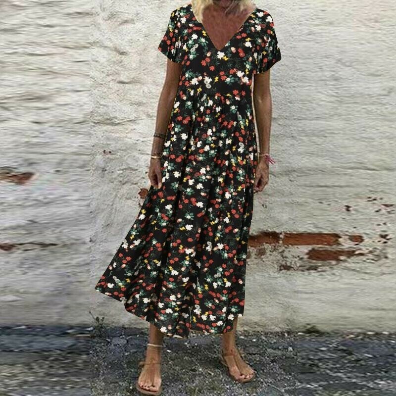 Women's Vintage Short Sleeve Maxi Dress